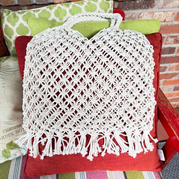 Macrame Shopping Market Bag w/ Fringe & Braided Handles Made by Hand Boho Vibe - Picture 1 of 6